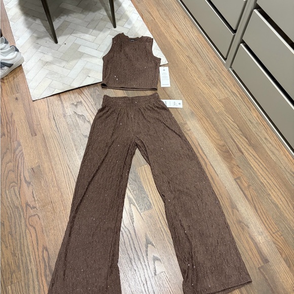 Love Poem Pants - Brown Sleeveless Crop Top & Wide Leg Pants Set